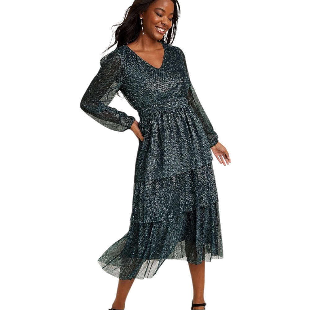 Maurices Green Plisse Long Sleeve Midi dress Tiered Sparkly